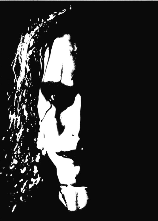 Brandon Lee, The Crow © Julian Vlad 1996. Matita e china, riprodotto da un'elaborazione grafica di autore sconosciuto