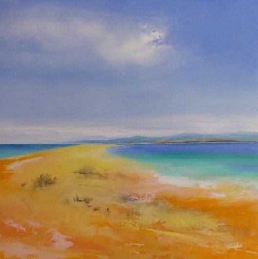 Joy Moore, Olivera beach. Olio su tela, coll. privata
